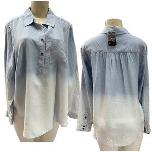 Torrid 10 Blue-White Ombre Bleached Button Placket Collar Long Sleeve Shirt
